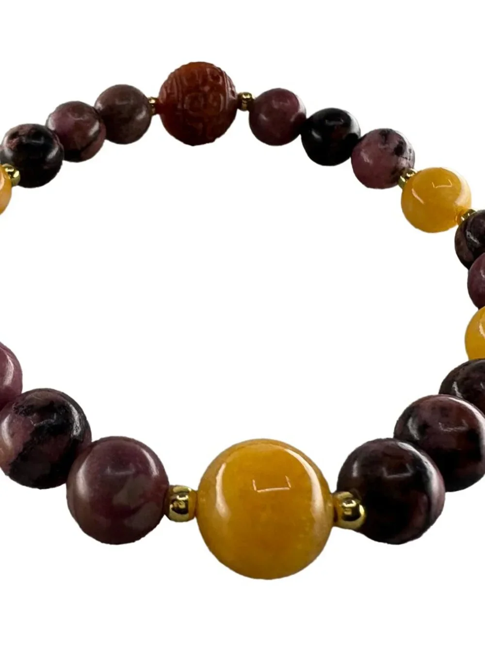Carved Red Agate Rhodonite Yellow Jade Stretch Bracelet 18K Gold Filled 22.4g 7